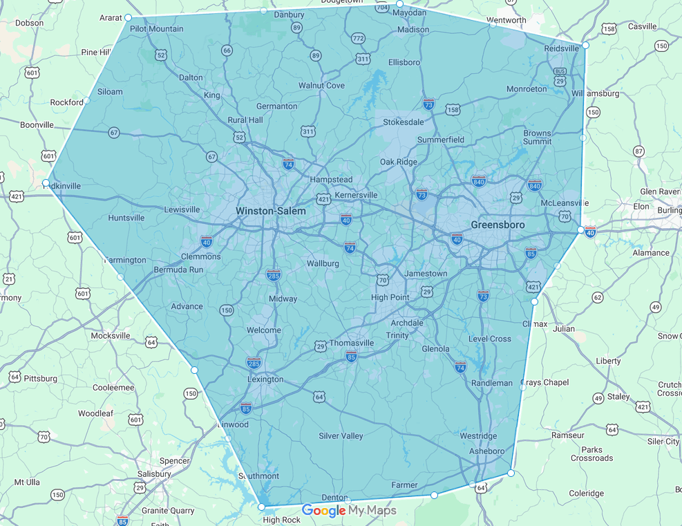 Map showing the Benjamin Franklin Plumbing service area around the Triad Area